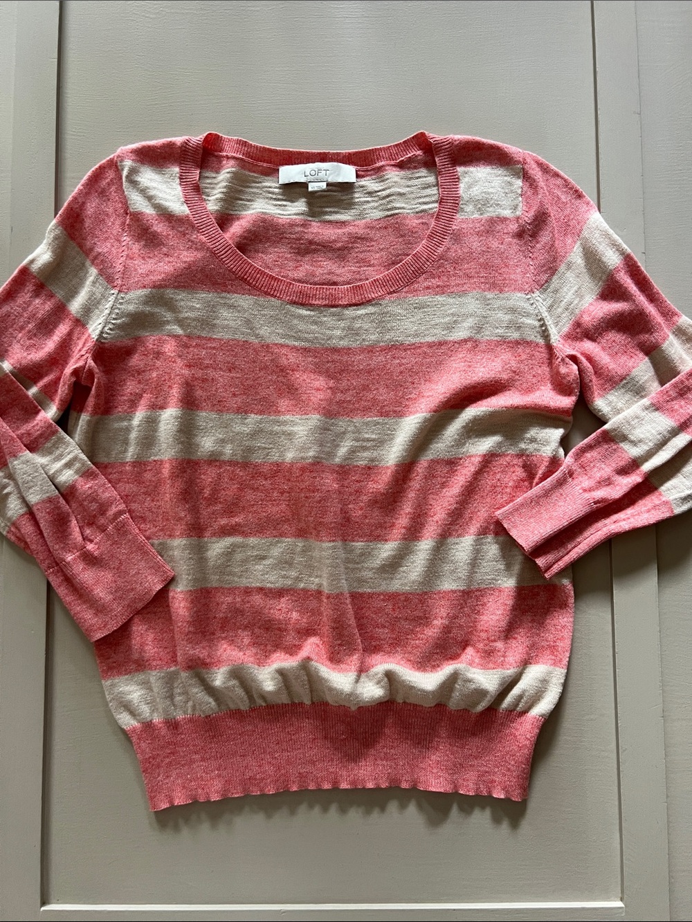 LOFT Heather Pink and Cream Striped Scoop Neck Sweater